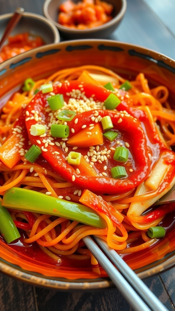 Spicy Korean noodles with vegetables and sesame seeds in a traditional bowl, served with chopsticks and kimchi.